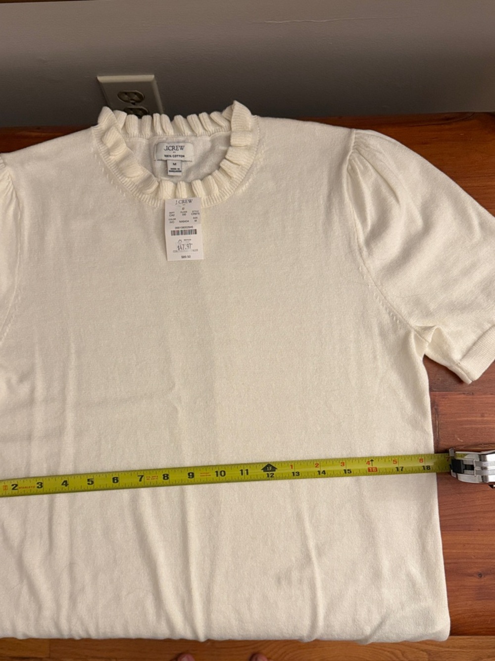 J. Crew Cream Ruffle-Trim Short Puff Sleeve Knit Top - Picture 6 of 7
